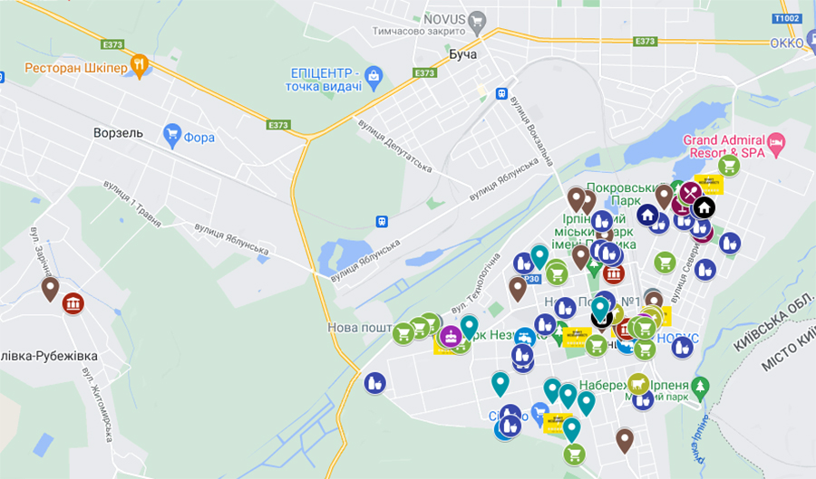 Карта пунктів обігріву, укриттів, місць водозабору та закладів з генераторами Ірпінської Громади 